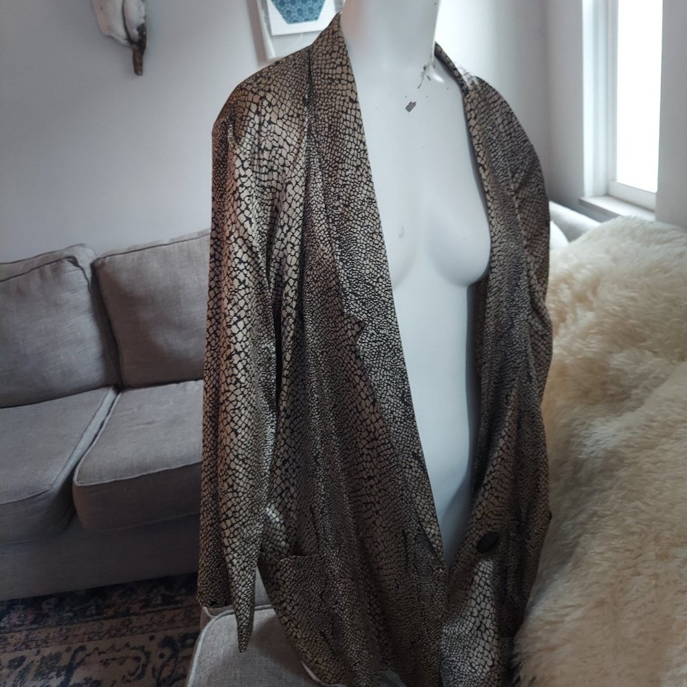 RETRO Satin Black & Tan Satin Snakeskin Print Double Breasted Long Jacket